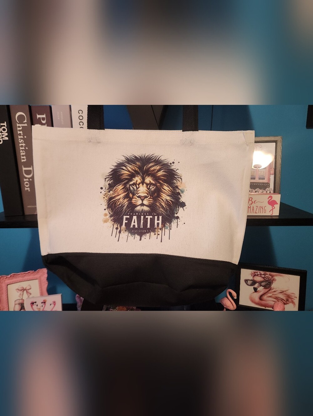 Canvas Tote Bag with Lion Graphic - FAITH